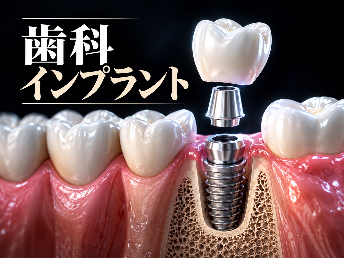 顎の骨に埋入されたインプラントとアバットメント・被せ物のイメージ（ソウルのARC Dental 口腔顎顔面外科）
